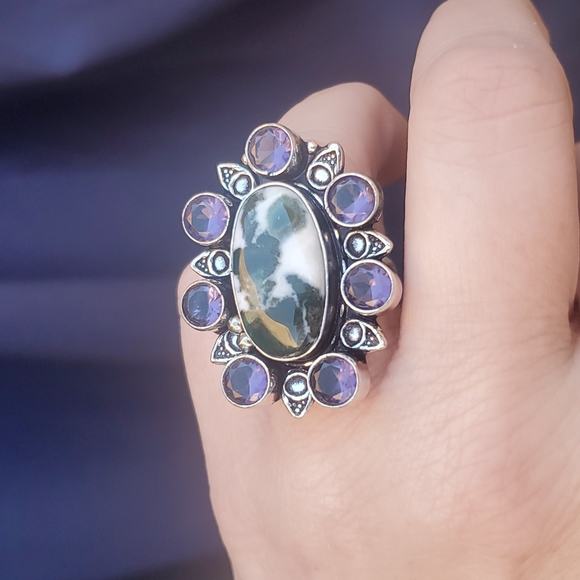 New Tree Agate and Amethyst 925 Silver Statement Ring. - Picture 3 of 16